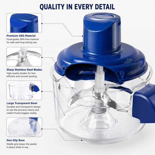 Blue and clear peeler with features highlighted on a white background